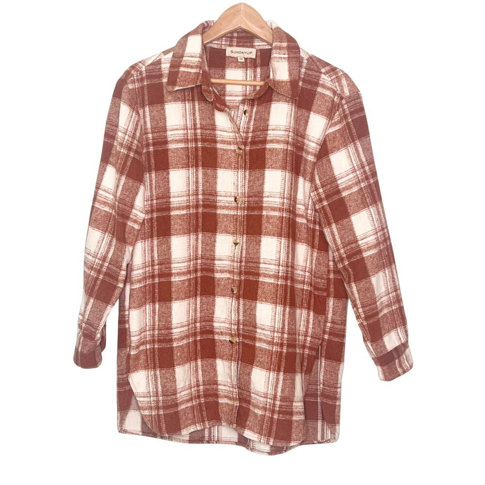 SundayUp Long Sleeve Plaid Flannel Button Down Shacket Shirt Medium Brown White